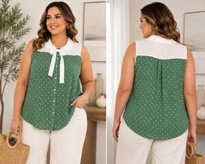 Tulip B Womens Large Green Polka Dot Peter Pan Collar Tie Neck Blouse NWT
